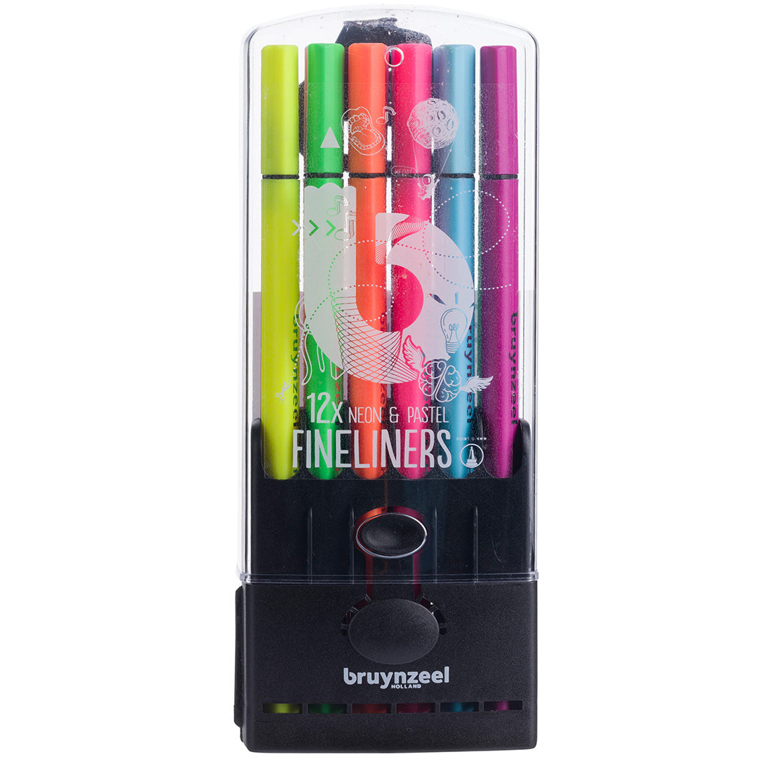 bruynzeel kids fineliners met pennenhouder - neon en pastel - 12st | 60241212 | 0