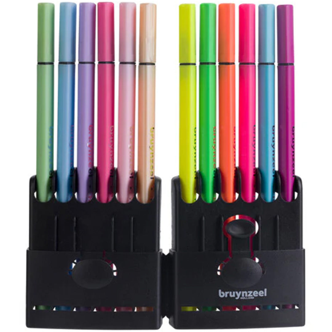bruynzeel kids fineliners met pennenhouder - neon en pastel - 12st | 60241212 | 1
