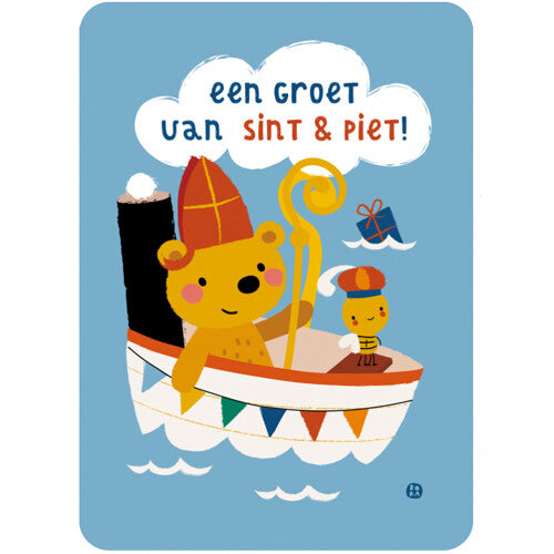 by bora ansichtkaart met een illustratie van een beer als Sinterklaas en een Pietje in een boot, met de tekst 'een groet van sint & piet!'.