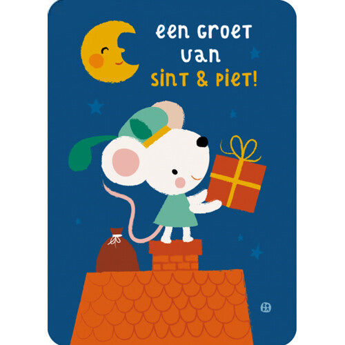 by bora ansichtkaart met een Sinterklaas-thema, waarop een muis als Piet op een schoorsteen een cadeau vasthoudt, met de tekst 'een groet van sint & piet!'.