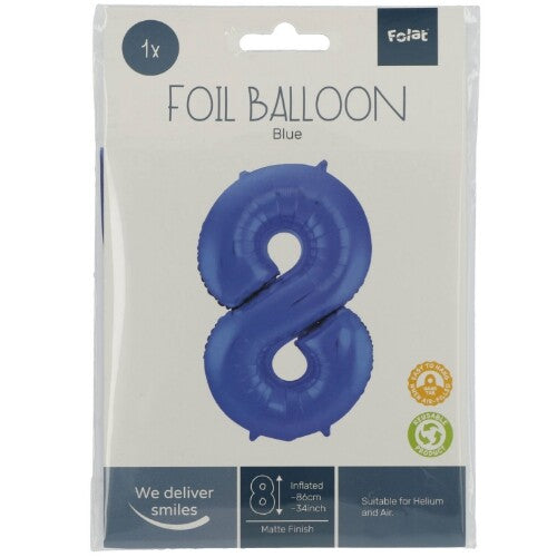 cijferballon acht - metallic matblauw - 86 cm | 65928 | 1