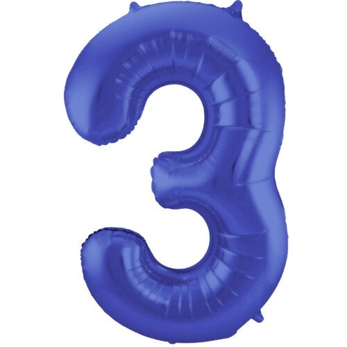 cijferballon drie - metallic matblauw - 86 cm | 65923 | 0