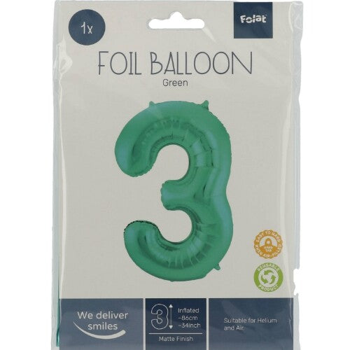 cijferballon drie - metallic matgroen - 86 cm | 65913 | 1