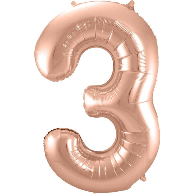 cijferballon drie - rosé goudkleurig - 86 cm | 63133 | 0
