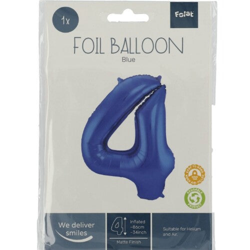 cijferballon vier - metallic matblauw - 86 cm | 65924 | 1
