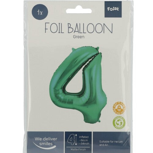 cijferballon vier - metallic matgroen - 86 cm | 65914 | 1