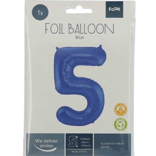 cijferballon vijf - metallic matblauw - 86 cm | 65925 | 1