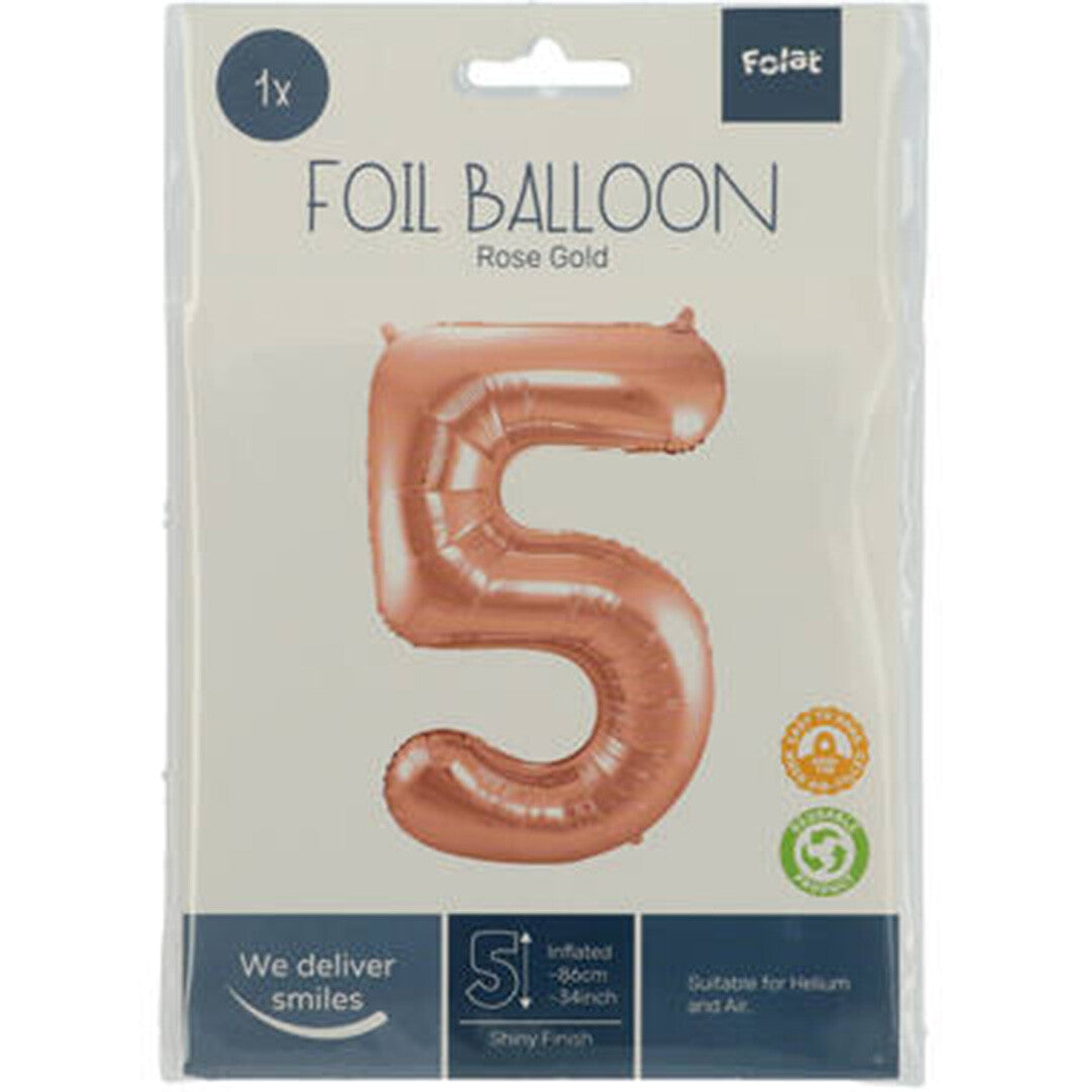 cijferballon vijf - rosé goudkleurig - 86 cm | 63135 | 1