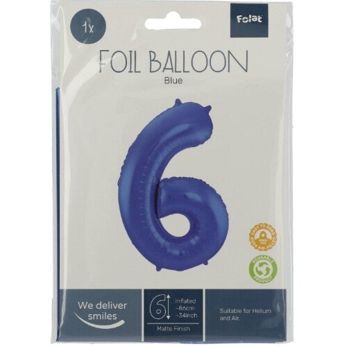 cijferballon zes - metallic matblauw - 86 cm | 65926 | 1