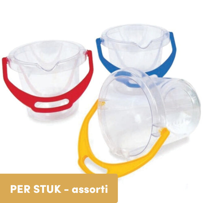 Dantoy strandemmers: drie transparante plastic emmers met handvatten in rood, blauw en geel.
