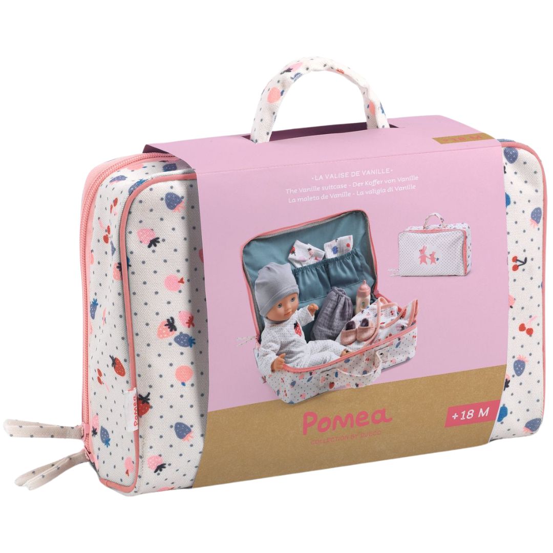 Verpakking van de Djeco Pomea babypop kofferset