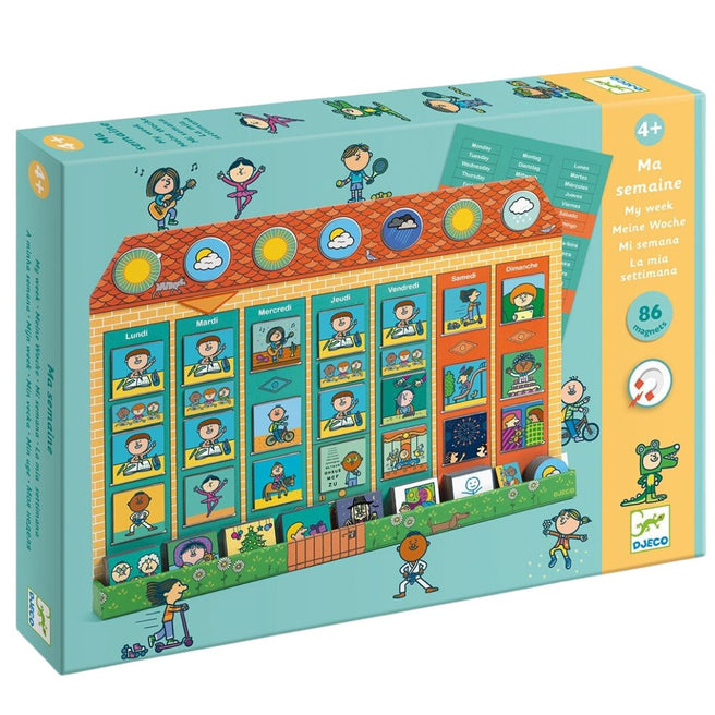 De verpakking van de Djeco magneetbord weekplanner met illustraties van kinderen en een huisvormig bord.