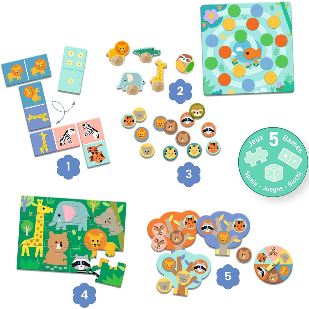 djeco spelletjesdoos 5-in-1 - wild animals | DJ08276 | 1