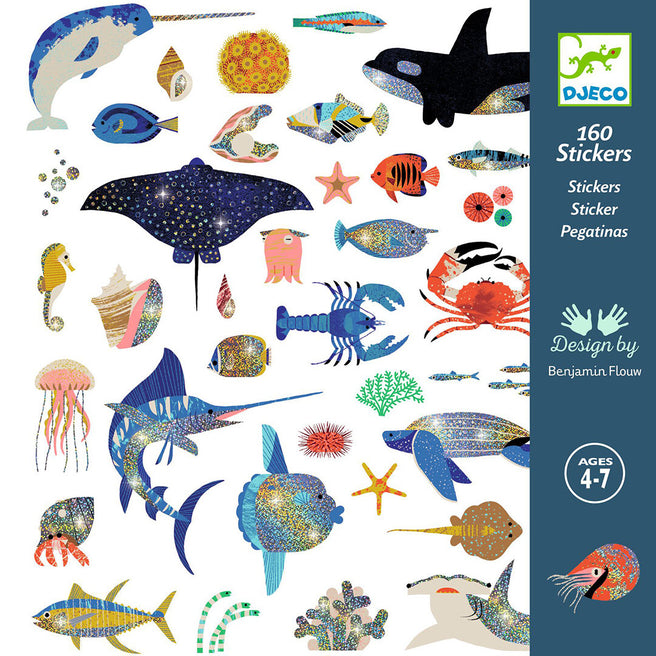 Djeco stickers oceaan verpakking met diverse glitterende zeedieren en de leeftijdsaanduiding 4-7 jaar.