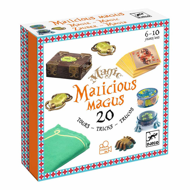 De Djeco Malicious Magus goochelset verpakking met afbeeldingen van magische attributen.