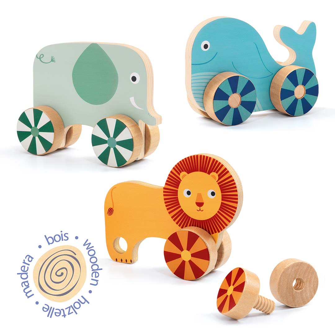 djeco houten puzzel dieren op wielen (15st)