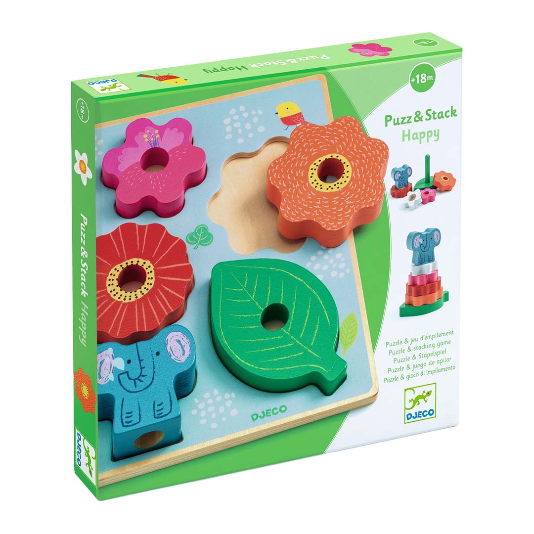 djeco houten puzzel en stapeltoren - happy - 7st | DJ01074 | 3