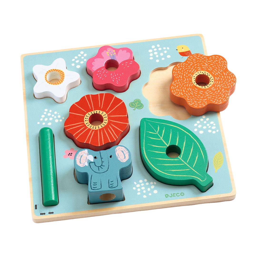 djeco houten puzzel en stapeltoren - happy - 7st
