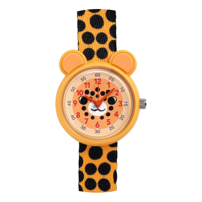 Djeco kinderhorloge met cheetah gezicht en gevlekte band.