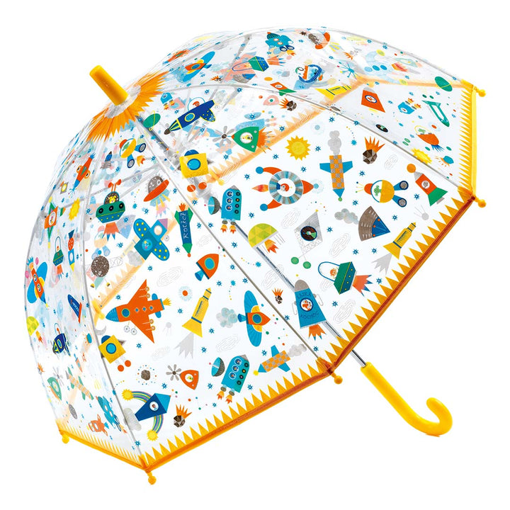 Djeco kinderparaplu met een kleurrijk ruimtevaartthema van raketten en planeten.