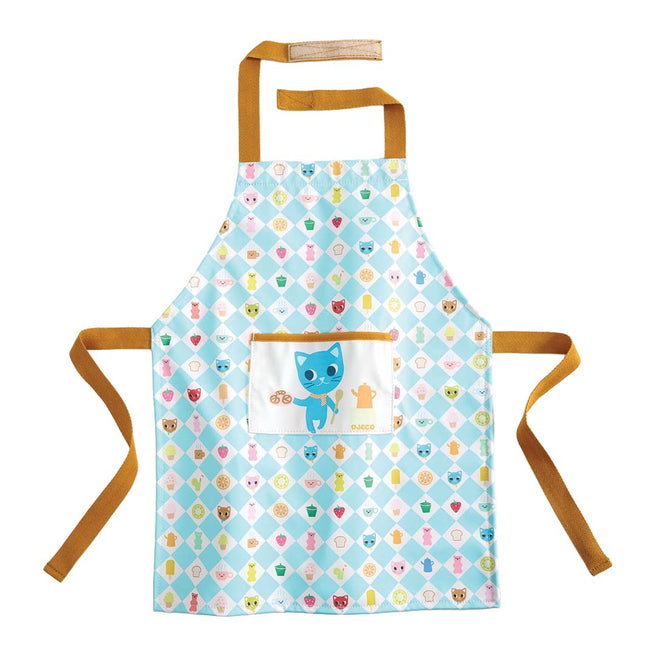 Djeco kinderschort met blauw-geruit patroon, diverse figuren en een zak met een kitten.
