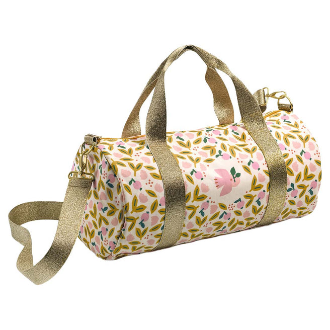 Djeco kindertas in plunjezakmodel met roze vogel- en bloemenpatroon en gouden hengsels.