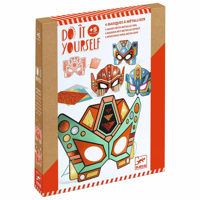 Djeco knutselset DIY robotmaskers verpakking met voorbeeldmaskers en metallic folie.