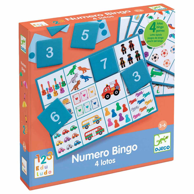 Djeco Numero Bingo bingoset verpakking met speelborden en cijferkaarten.