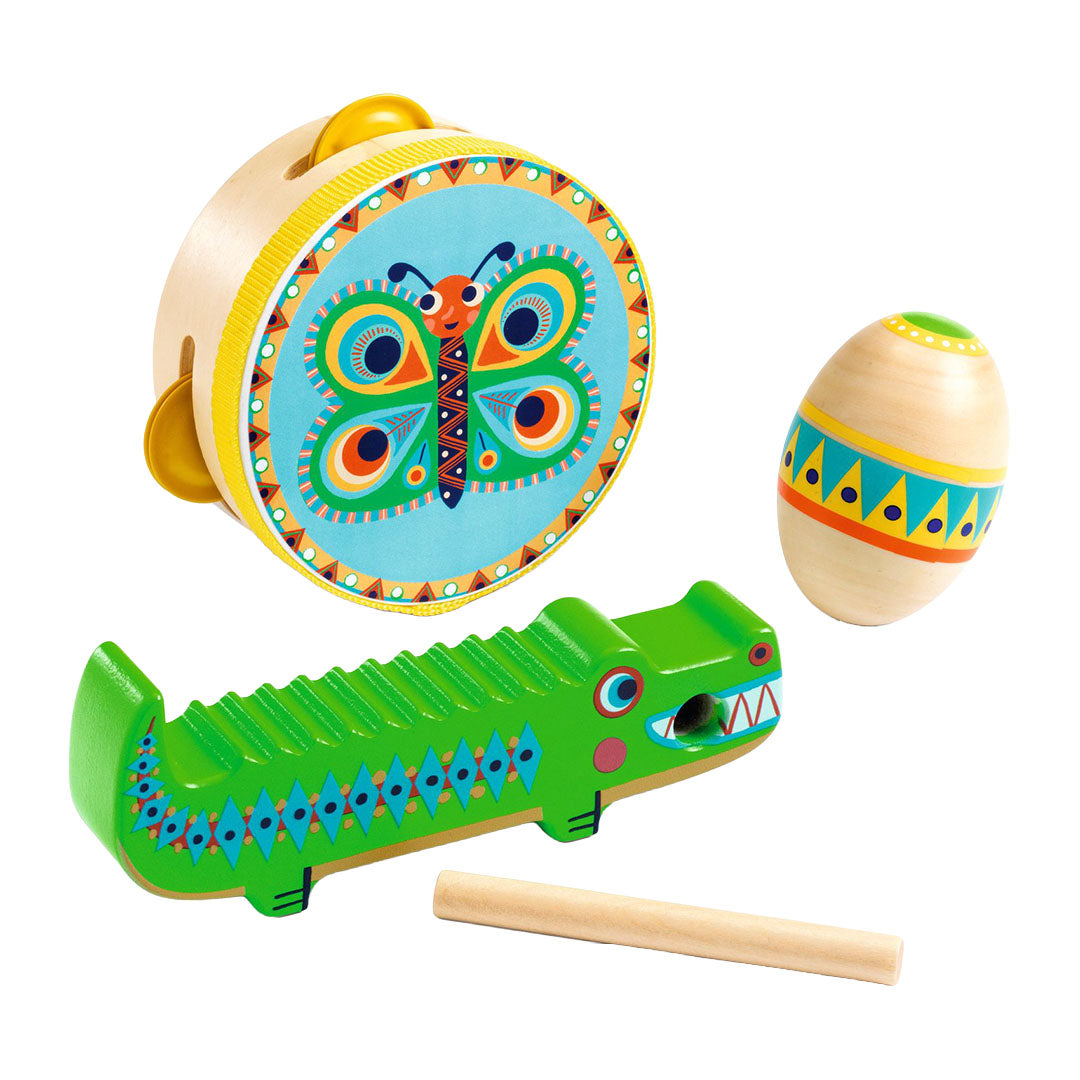djeco percussie set tamboerijn, maracas,  guiro animambo - 3st