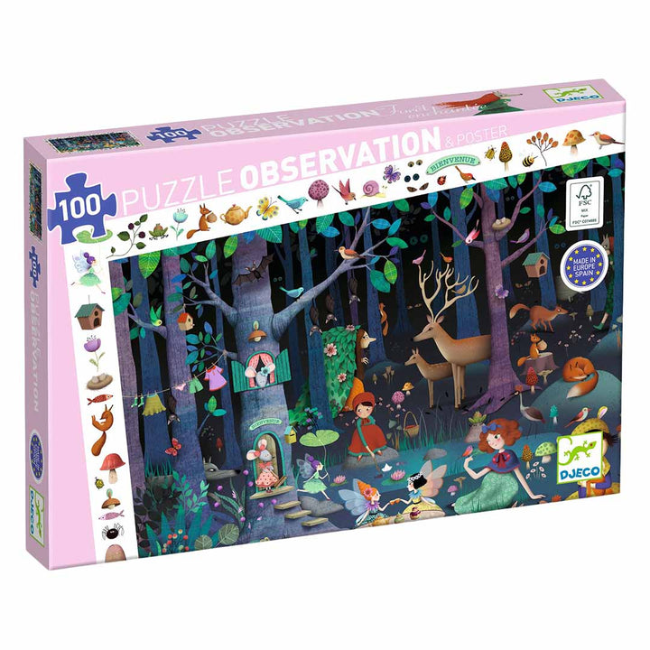 Djeco legpuzzel 'Het betoverde bos' van 100 stukjes, zichtbaar op de verpakking.