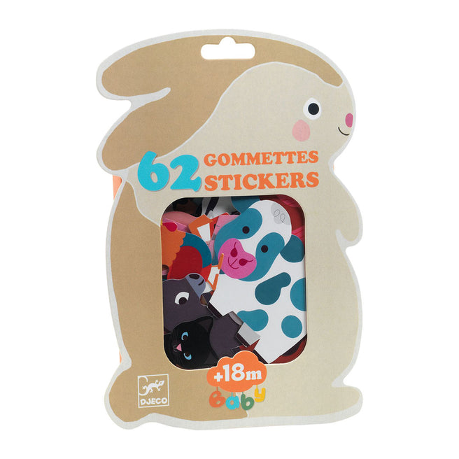 Djeco baby stickers verpakking in de vorm van een konijn met een venster dat boerderijdieren stickers toont.