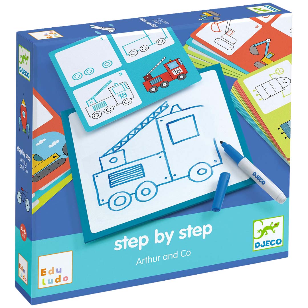 djeco tekenkaarten step by step voertuigen