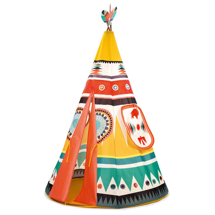 Djeco tipi speeltent met kleurrijk etnisch en geometrisch patroon op een witte achtergrond.