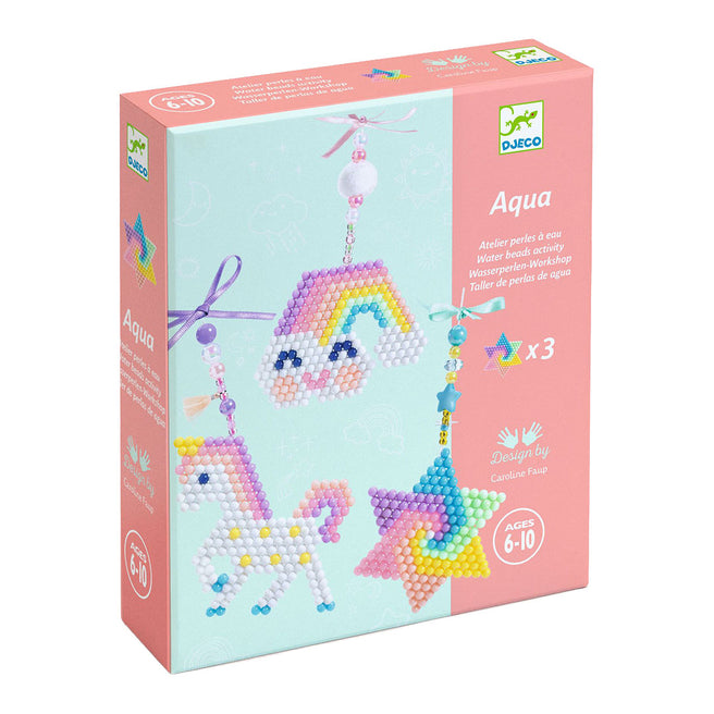 Djeco waterkralen set verpakking met afbeeldingen van een regenboog, eenhoorn en ster.