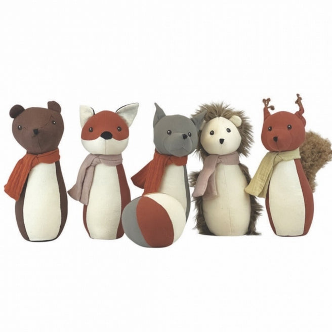 Egmont Toys kegelspel voor peuters met vijf zachte bosdieren en een bal.