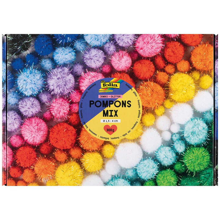 De verpakking van Folia glitter pompoms mix in diverse kleuren.