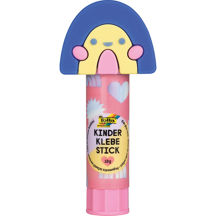 Folia kinder lijmstift met een regenboogdopje in de vorm van een gezichtje.