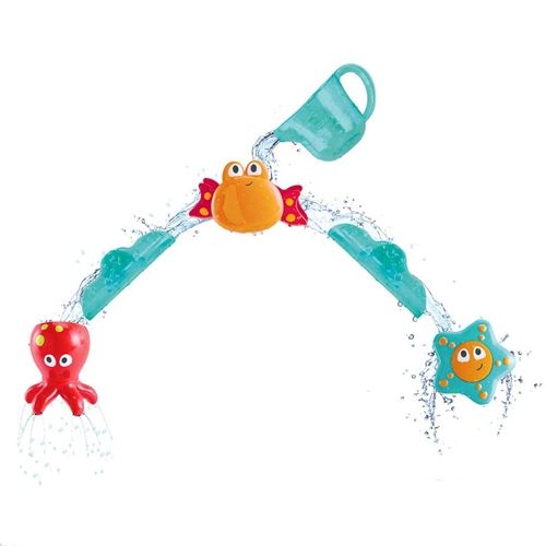 Hape badspeelgoed ocean cascade met een krab, octopus en zeester die water spuiten.