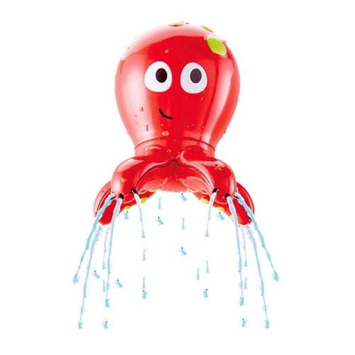 Een rode octopus badspeelgoed spuit water uit zijn tentakels.