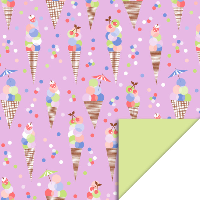 house of products inpakpapier met een roze patroon van ijsjes en confetti, en een effen limegroene achterkant.