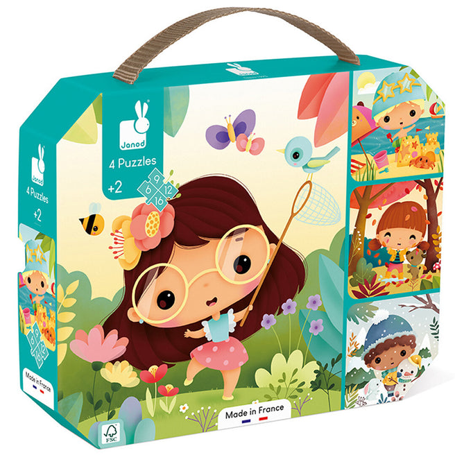Janod puzzelverpakking met illustraties van kinderen in verschillende seizoenen.