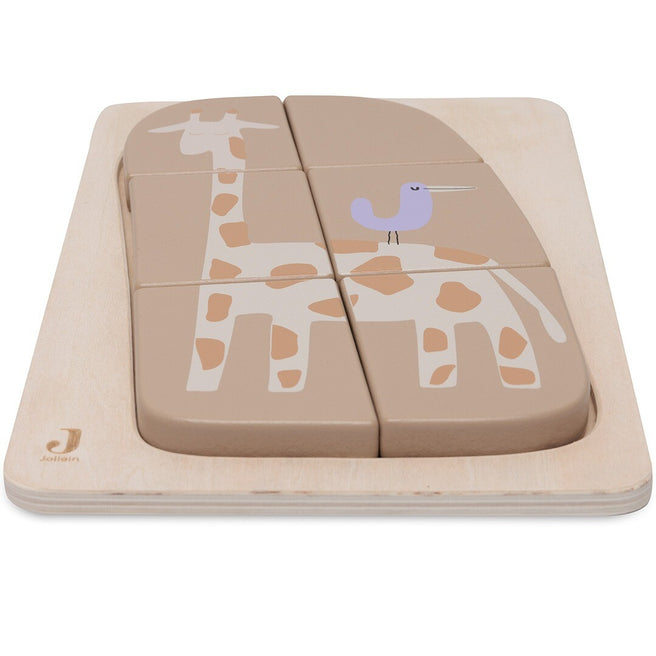 Jollein houten peuterpuzzel met een complete afbeelding van een giraffe en een vogel op zijn rug.