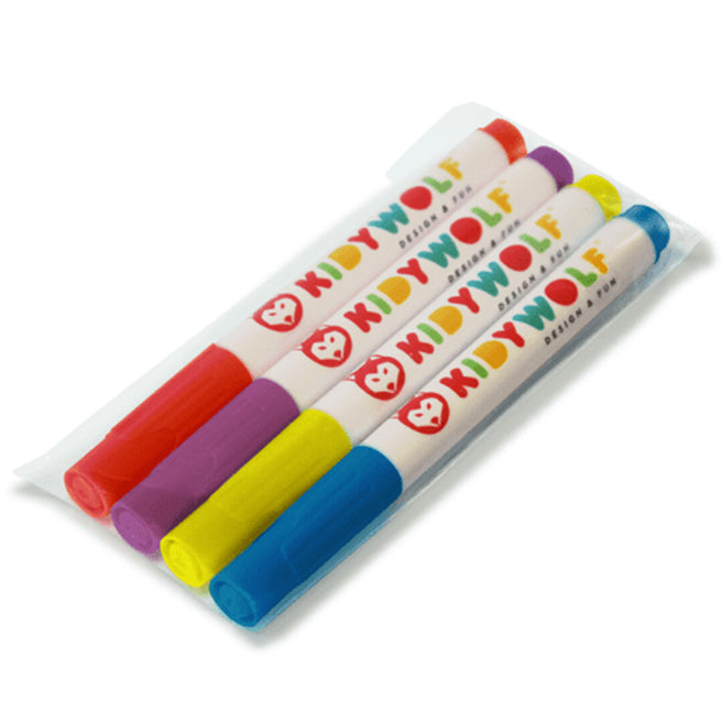 Vier Kidywolf markeerstiften in rood, paars, geel en blauw in een plastic verpakking.