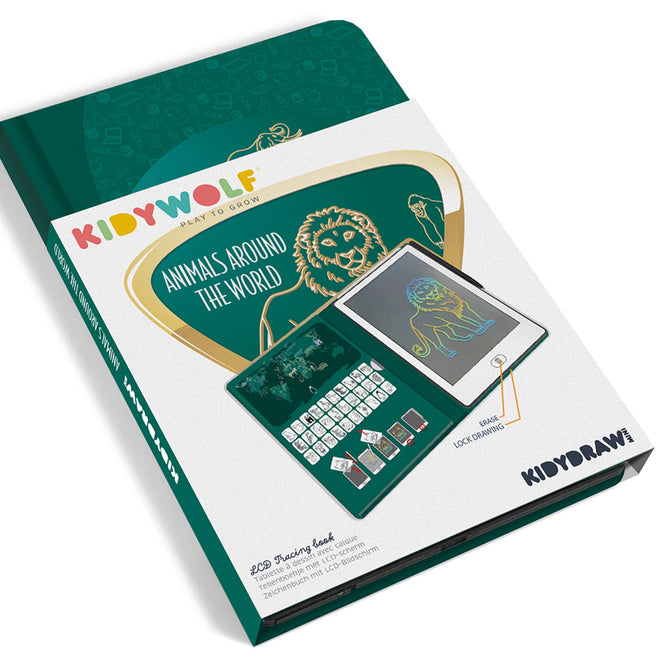Verpakking van het Kidywolf KidyDraw Mini speelgoedtekentablet met dieren thema.