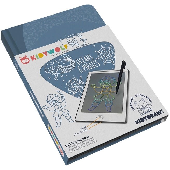Verpakking van het Kidywolf KidyDraw Mini tekenbord met piratenthema.