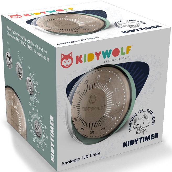 Verpakking van de Kidywolf analoge LED timer in het groen.