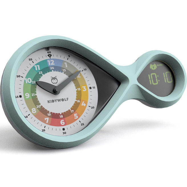 Kidywolf Kidyalarm educatieve wekker in groen met analoge en digitale tijdweergave en regenboogkleuren.