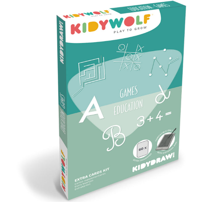Verpakking van de Kidywolf extra tekenkaarten voor KidyDraw Mini met voorbeelden van spelletjes en onderwijsactiviteiten.