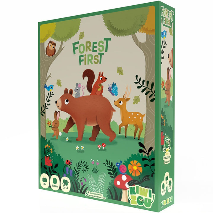 Groene verpakking van het Kiwizou bordspel Forest First met illustraties van bosdieren.