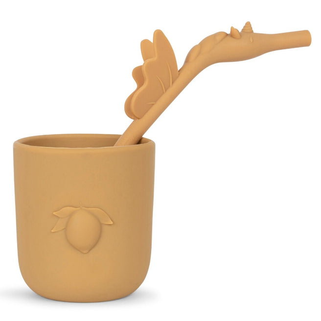 konges sløjd siliconen drinkbeker en herbruikbaar rietje - lemon and unicorn - almond | KS6012-ALMOND NB | 0